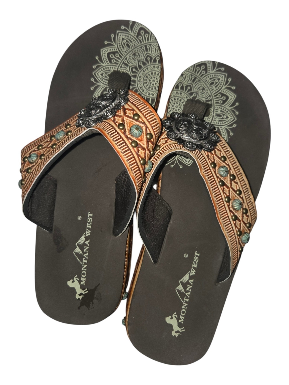 Montana West Brown Western Wedge Flip flops Side Accents Size 9